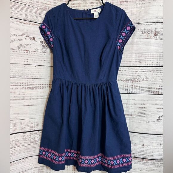 Vineyard Vines Dress Womens Size 6 Deep Bay Navy Embroidered Fit & Flare Mini - Picture 1 of 10